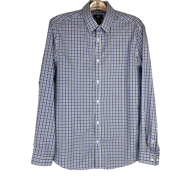 H&M Slim Fit Men Medium Button Down Black Blue White Checkered Long Sleeve Shirt - Picture 1 of 9